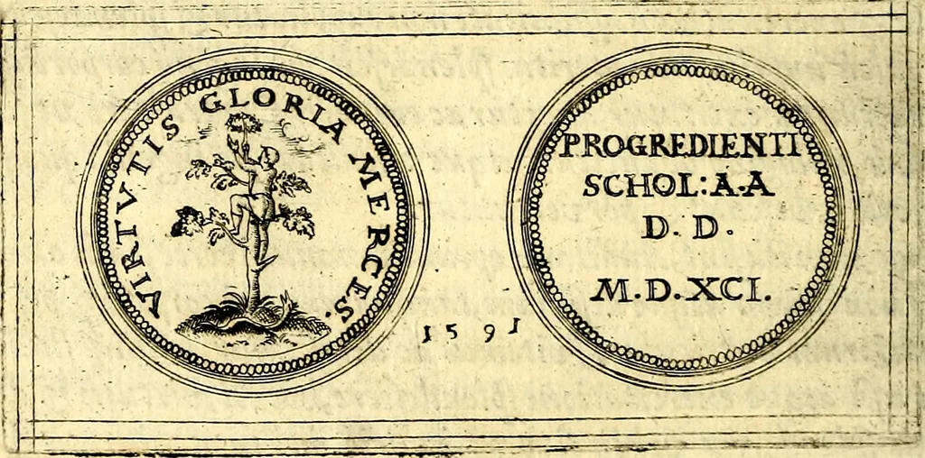 An illustration from Emblemata anniversaria Academiae Noribergensis, qvae est Altorffii: stvdiorum juventutis exercitandorum caussâ inde ab ann. Christi CD D LXXVII usq; ad annum CD D CXVI proposita; oratiunculis eruditis & nervosis in panegyribus academicis explicata, 1617, leaf 203