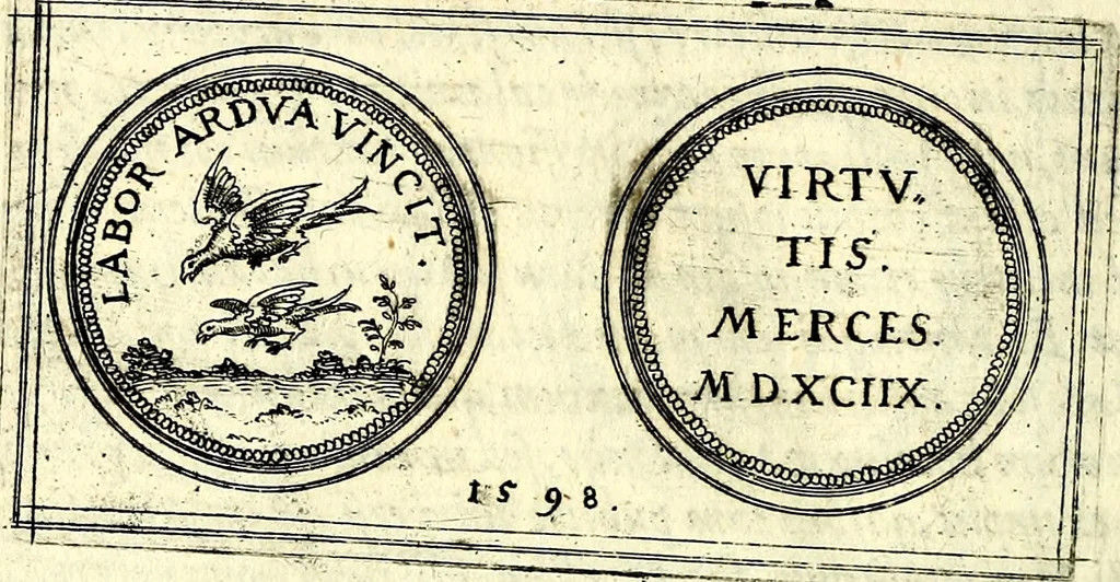 An illustration from Emblemata anniversaria Academiae Noribergensis, qvae est Altorffii: stvdiorum juventutis exercitandorum caussâ inde ab ann. Christi CD D LXXVII usq; ad annum CD D CXVI proposita; oratiunculis eruditis & nervosis in panegyribus academicis explicata, 1617, leaf 313