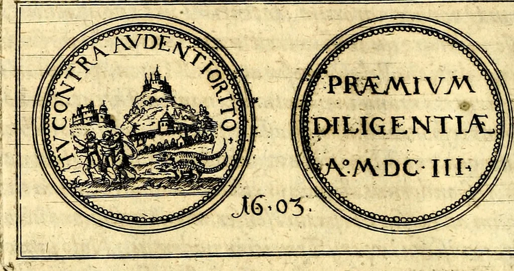 An illustration from Emblemata anniversaria Academiae Noribergensis, qvae est Altorffii: stvdiorum juventutis exercitandorum caussâ inde ab ann. Christi CD D LXXVII usq; ad annum CD D CXVI proposita; oratiunculis eruditis & nervosis in panegyribus academicis explicata, 1617, leaf 381