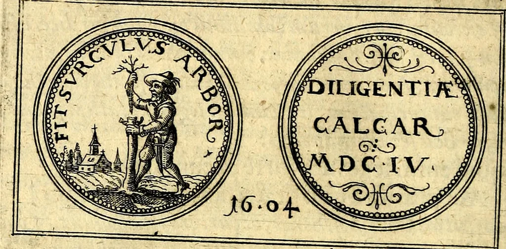 An illustration from Emblemata anniversaria Academiae Noribergensis, qvae est Altorffii: stvdiorum juventutis exercitandorum caussâ inde ab ann. Christi CD D LXXVII usq; ad annum CD D CXVI proposita; oratiunculis eruditis & nervosis in panegyribus academicis explicata, 1617, leaf 395