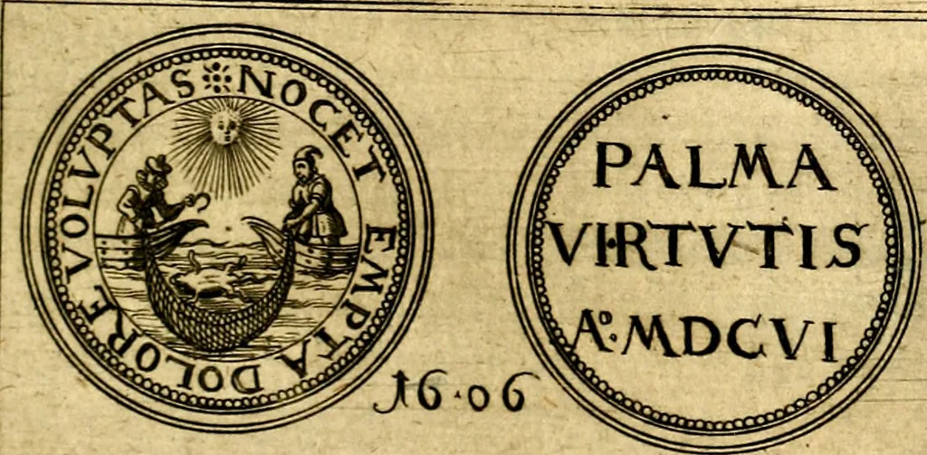 An illustration from Emblemata anniversaria Academiae Noribergensis, qvae est Altorffii: stvdiorum juventutis exercitandorum caussâ inde ab ann. Christi CD D LXXVII usq; ad annum CD D CXVI proposita; oratiunculis eruditis & nervosis in panegyribus academicis explicata, 1617, leaf 416