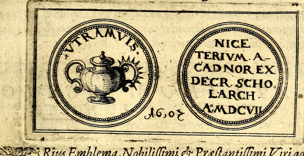 An illustration from Emblemata anniversaria Academiae Noribergensis, qvae est Altorffii: stvdiorum juventutis exercitandorum caussâ inde ab ann. Christi CD D LXXVII usq; ad annum CD D CXVI proposita; oratiunculis eruditis & nervosis in panegyribus academicis explicata, 1617, leaf 434