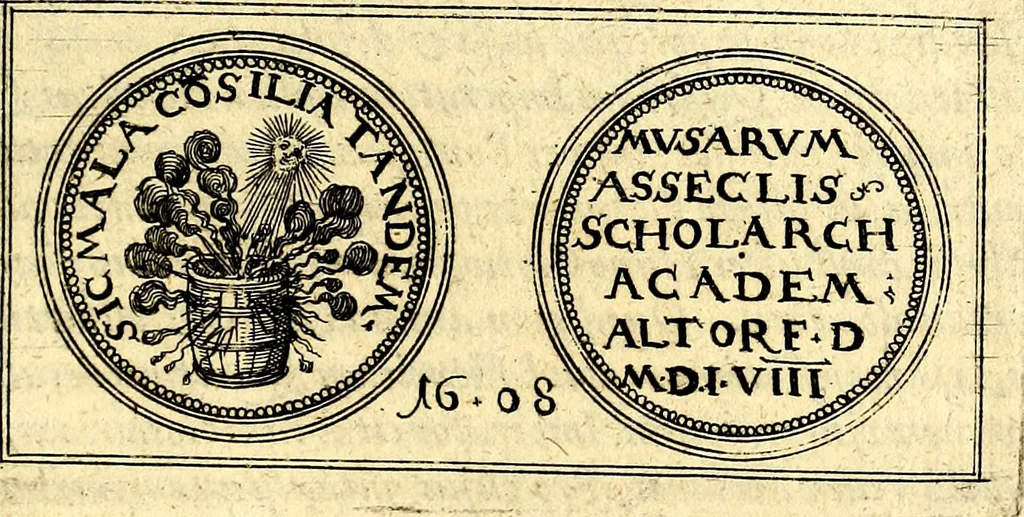 An illustration from Emblemata anniversaria Academiae Noribergensis, qvae est Altorffii: stvdiorum juventutis exercitandorum caussâ inde ab ann. Christi CD D LXXVII usq; ad annum CD D CXVI proposita; oratiunculis eruditis & nervosis in panegyribus academicis explicata, 1617, leaf 438