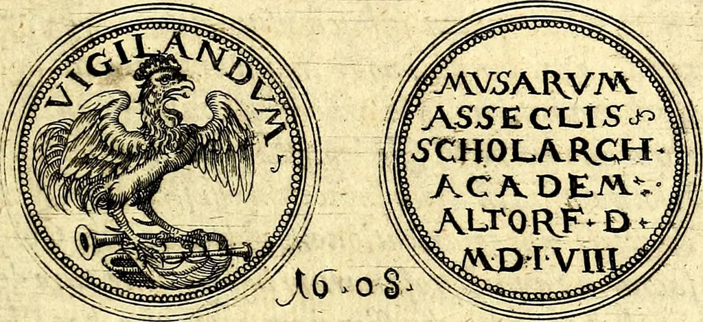 An illustration from Emblemata anniversaria Academiae Noribergensis, qvae est Altorffii: stvdiorum juventutis exercitandorum caussâ inde ab ann. Christi CD D LXXVII usq; ad annum CD D CXVI proposita; oratiunculis eruditis & nervosis in panegyribus academicis explicata, 1617, leaf 444