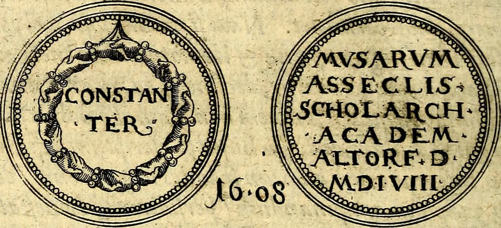 An illustration from Emblemata anniversaria Academiae Noribergensis, qvae est Altorffii: stvdiorum juventutis exercitandorum caussâ inde ab ann. Christi CD D LXXVII usq; ad annum CD D CXVI proposita; oratiunculis eruditis & nervosis in panegyribus academicis explicata, 1617, leaf 447