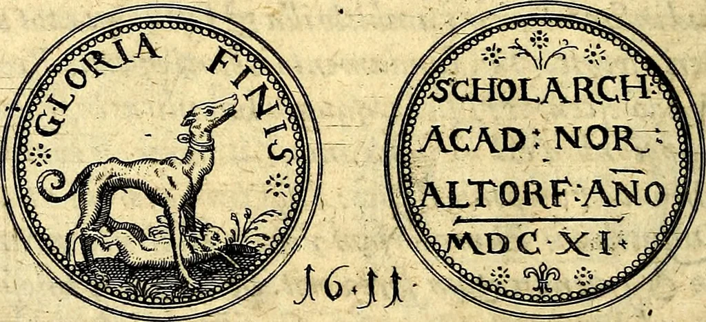 An illustration from Emblemata anniversaria Academiae Noribergensis, qvae est Altorffii: stvdiorum juventutis exercitandorum caussâ inde ab ann. Christi CD D LXXVII usq; ad annum CD D CXVI proposita; oratiunculis eruditis & nervosis in panegyribus academicis explicata, 1617, leaf 479