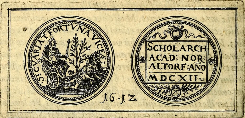 An illustration from Emblemata anniversaria Academiae Noribergensis, qvae est Altorffii: stvdiorum juventutis exercitandorum caussâ inde ab ann. Christi CD D LXXVII usq; ad annum CD D CXVI proposita; oratiunculis eruditis & nervosis in panegyribus academicis explicata, 1617, leaf 481