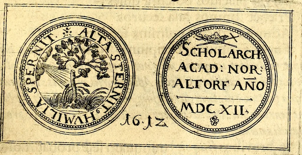 An illustration from Emblemata anniversaria Academiae Noribergensis, qvae est Altorffii: stvdiorum juventutis exercitandorum caussâ inde ab ann. Christi CD D LXXVII usq; ad annum CD D CXVI proposita; oratiunculis eruditis & nervosis in panegyribus academicis explicata, 1617, leaf 486