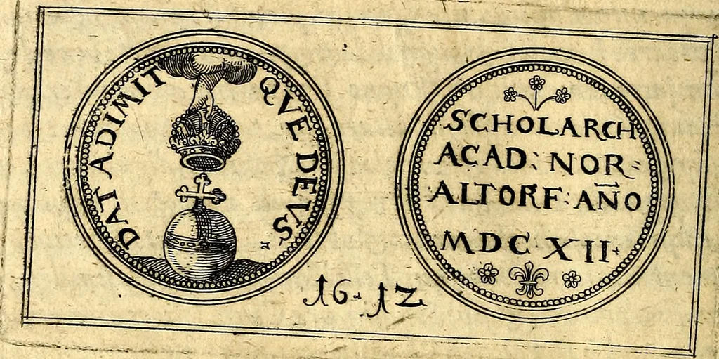 An illustration from Emblemata anniversaria Academiae Noribergensis, qvae est Altorffii: stvdiorum juventutis exercitandorum caussâ inde ab ann. Christi CD D LXXVII usq; ad annum CD D CXVI proposita; oratiunculis eruditis & nervosis in panegyribus academicis explicata, 1617, leaf 489