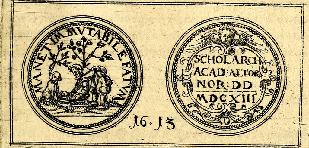 An illustration from Emblemata anniversaria Academiae Noribergensis, qvae est Altorffii: stvdiorum juventutis exercitandorum caussâ inde ab ann. Christi CD D LXXVII usq; ad annum CD D CXVI proposita; oratiunculis eruditis & nervosis in panegyribus academicis explicata, 1617, leaf 494