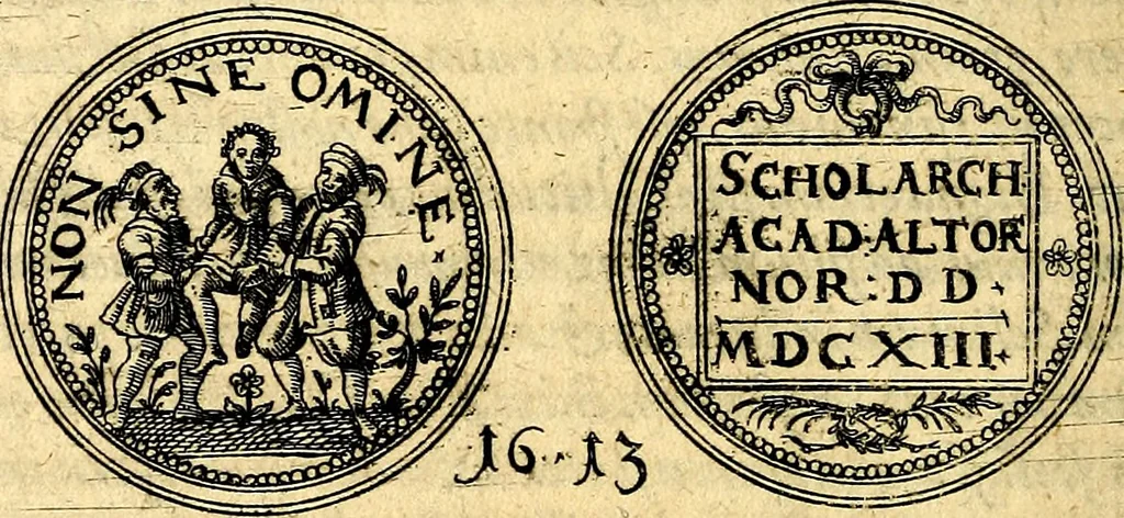 An illustration from Emblemata anniversaria Academiae Noribergensis, qvae est Altorffii: stvdiorum juventutis exercitandorum caussâ inde ab ann. Christi CD D LXXVII usq; ad annum CD D CXVI proposita; oratiunculis eruditis & nervosis in panegyribus academicis explicata, 1617, leaf 497