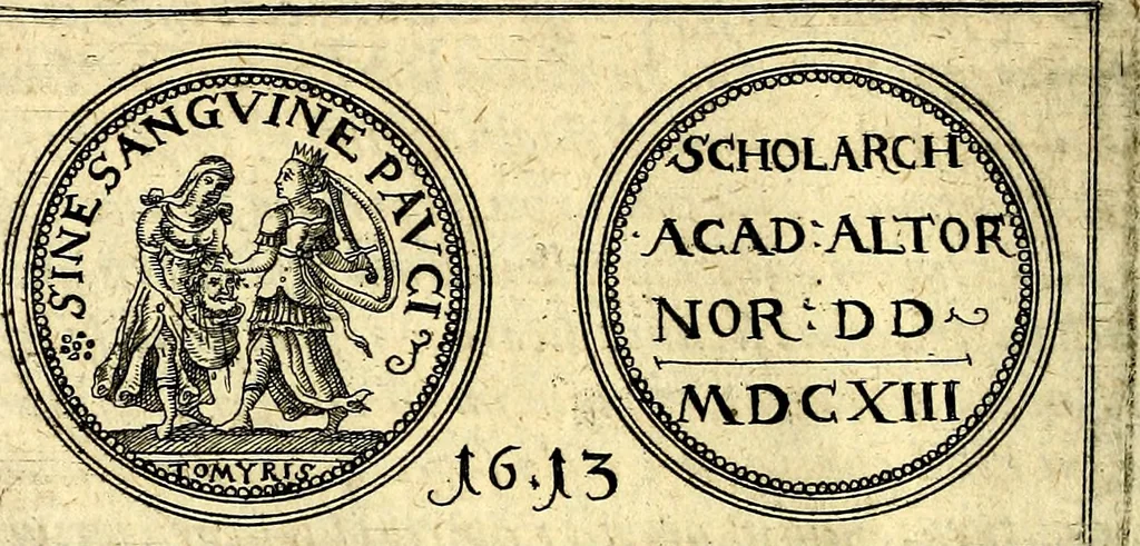 An illustration from Emblemata anniversaria Academiae Noribergensis, qvae est Altorffii: stvdiorum juventutis exercitandorum caussâ inde ab ann. Christi CD D LXXVII usq; ad annum CD D CXVI proposita; oratiunculis eruditis & nervosis in panegyribus academicis explicata, 1617, leaf 503