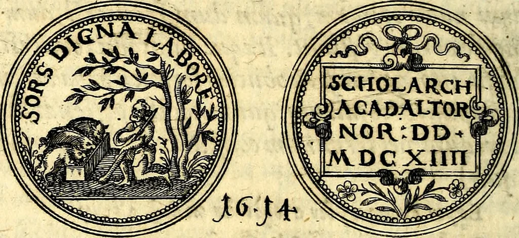 An illustration from Emblemata anniversaria Academiae Noribergensis, qvae est Altorffii: stvdiorum juventutis exercitandorum caussâ inde ab ann. Christi CD D LXXVII usq; ad annum CD D CXVI proposita; oratiunculis eruditis & nervosis in panegyribus academicis explicata, 1617, leaf 513