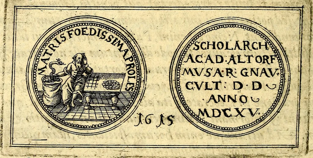 An illustration from Emblemata anniversaria Academiae Noribergensis, qvae est Altorffii: stvdiorum juventutis exercitandorum caussâ inde ab ann. Christi CD D LXXVII usq; ad annum CD D CXVI proposita; oratiunculis eruditis & nervosis in panegyribus academicis explicata, 1617, leaf 523