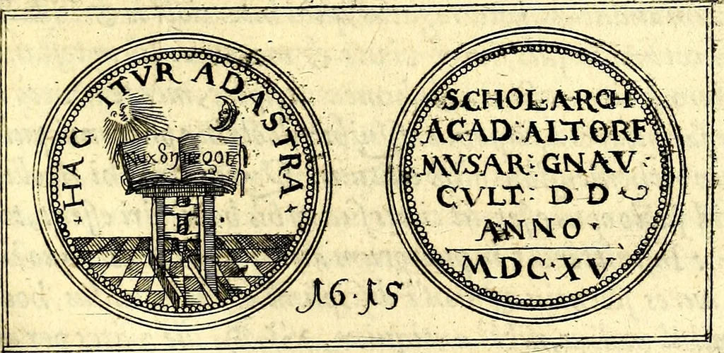 An illustration from Emblemata anniversaria Academiae Noribergensis, qvae est Altorffii: stvdiorum juventutis exercitandorum caussâ inde ab ann. Christi CD D LXXVII usq; ad annum CD D CXVI proposita; oratiunculis eruditis & nervosis in panegyribus academicis explicata, 1617, leaf 526