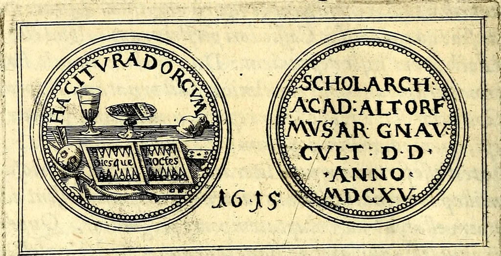 An illustration from Emblemata anniversaria Academiae Noribergensis, qvae est Altorffii: stvdiorum juventutis exercitandorum caussâ inde ab ann. Christi CD D LXXVII usq; ad annum CD D CXVI proposita; oratiunculis eruditis & nervosis in panegyribus academicis explicata, 1617, leaf 529