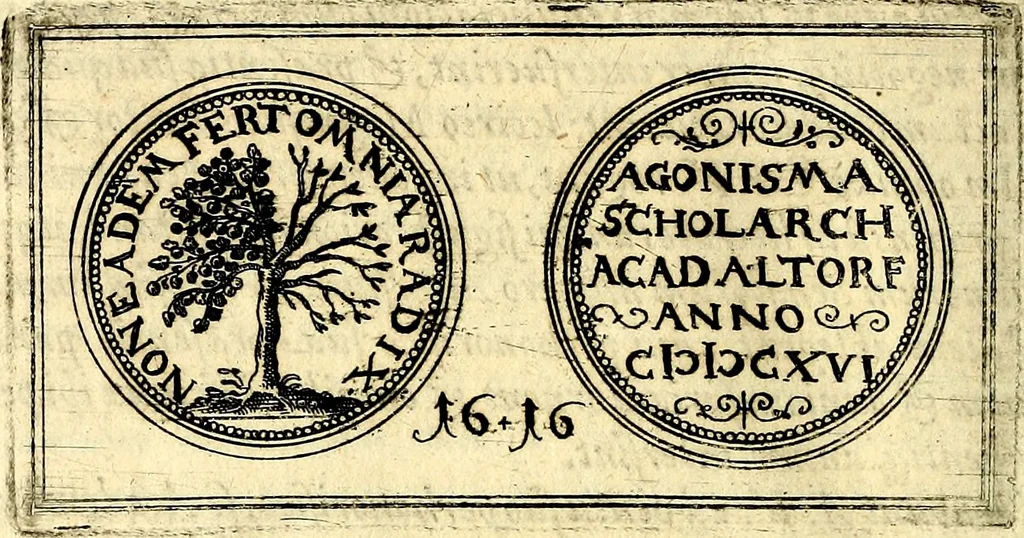An illustration from Emblemata anniversaria Academiae Noribergensis, qvae est Altorffii: stvdiorum juventutis exercitandorum caussâ inde ab ann. Christi CD D LXXVII usq; ad annum CD D CXVI proposita; oratiunculis eruditis & nervosis in panegyribus academicis explicata, 1617, leaf 539