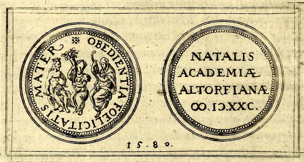 An illustration from Emblemata anniversaria Academiae Noribergensis, qvae est Altorffii: stvdiorum juventutis exercitandorum caussâ inde ab ann. Christi CD D LXXVII usq; ad annum CD D CXVI proposita; oratiunculis eruditis & nervosis in panegyribus academicis explicata, 1617, leaf 61