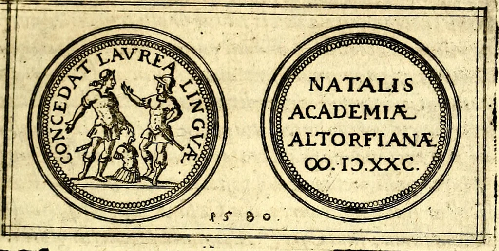 An illustration from Emblemata anniversaria Academiae Noribergensis, qvae est Altorffii: stvdiorum juventutis exercitandorum caussâ inde ab ann. Christi CD D LXXVII usq; ad annum CD D CXVI proposita; oratiunculis eruditis & nervosis in panegyribus academicis explicata, 1617, leaf 64