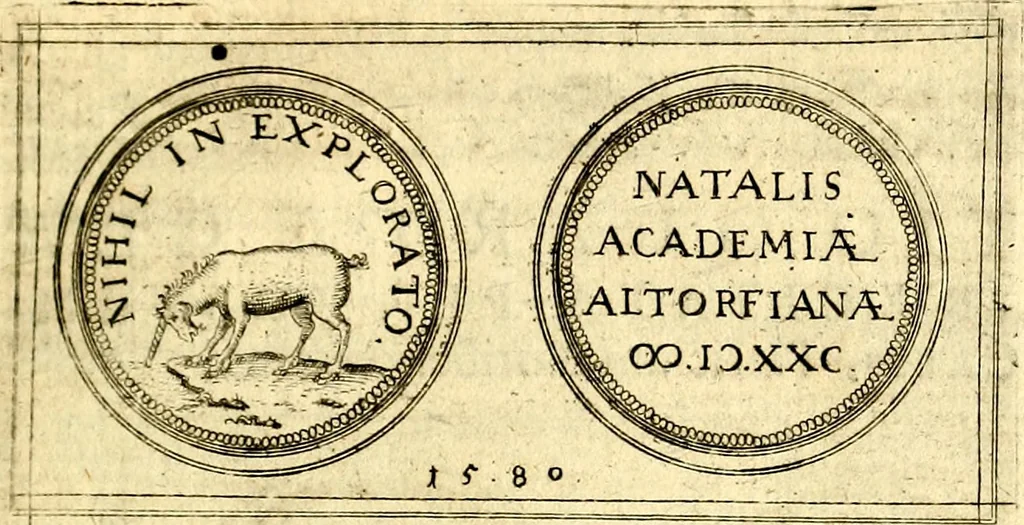 An illustration from Emblemata anniversaria Academiae Noribergensis, qvae est Altorffii: stvdiorum juventutis exercitandorum caussâ inde ab ann. Christi CD D LXXVII usq; ad annum CD D CXVI proposita; oratiunculis eruditis & nervosis in panegyribus academicis explicata, 1617, leaf 66