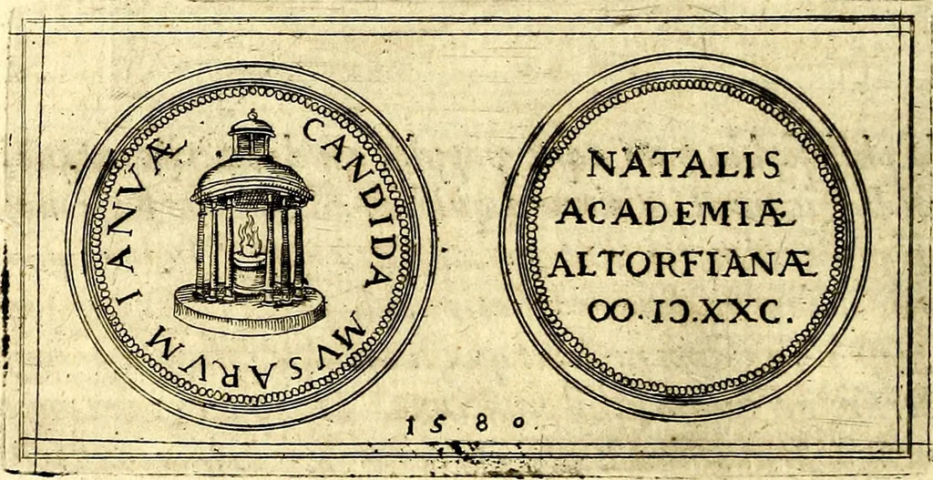An illustration from Emblemata anniversaria Academiae Noribergensis, qvae est Altorffii: stvdiorum juventutis exercitandorum caussâ inde ab ann. Christi CD D LXXVII usq; ad annum CD D CXVI proposita; oratiunculis eruditis & nervosis in panegyribus academicis explicata, 1617, leaf 67