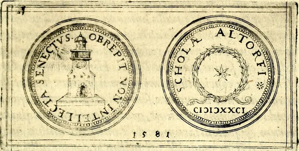 An illustration from Emblemata anniversaria Academiae Noribergensis, qvae est Altorffii: stvdiorum juventutis exercitandorum caussâ inde ab ann. Christi CD D LXXVII usq; ad annum CD D CXVI proposita; oratiunculis eruditis & nervosis in panegyribus academicis explicata, 1617, leaf 74