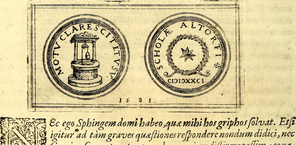 An illustration from Emblemata anniversaria Academiae Noribergensis, qvae est Altorffii: stvdiorum juventutis exercitandorum caussâ inde ab ann. Christi CD D LXXVII usq; ad annum CD D CXVI proposita; oratiunculis eruditis & nervosis in panegyribus academicis explicata, 1617, leaf 77