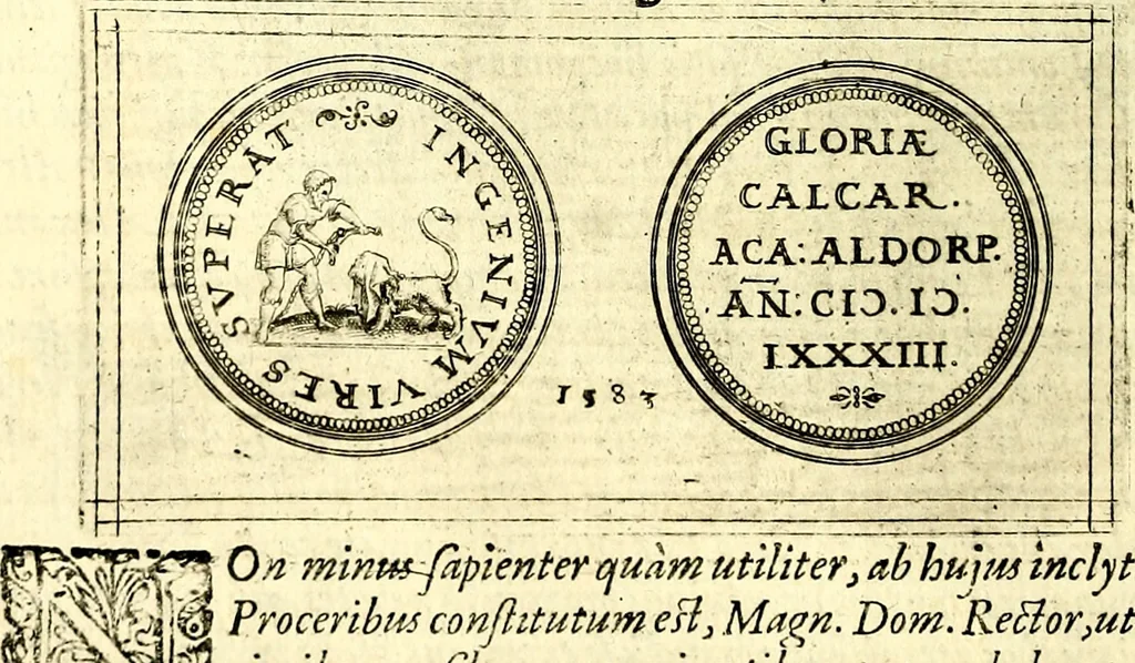 An illustration from Emblemata anniversaria Academiae Noribergensis, qvae est Altorffii: stvdiorum juventutis exercitandorum caussâ inde ab ann. Christi CD D LXXVII usq; ad annum CD D CXVI proposita; oratiunculis eruditis & nervosis in panegyribus academicis explicata, 1617, leaf 99