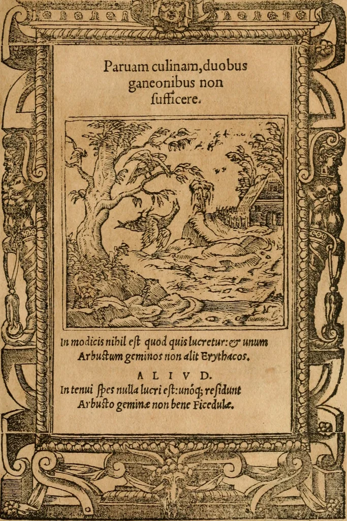 An illustration from Emblemata d'A. Alciati : denuo ab ipso autore recognita ac, quae desiderabantur, imaginibus locupletata : accesserunt noua aliquot ab autore emblemata, suis quoque eiconibus insignita, 1550, leaf 104