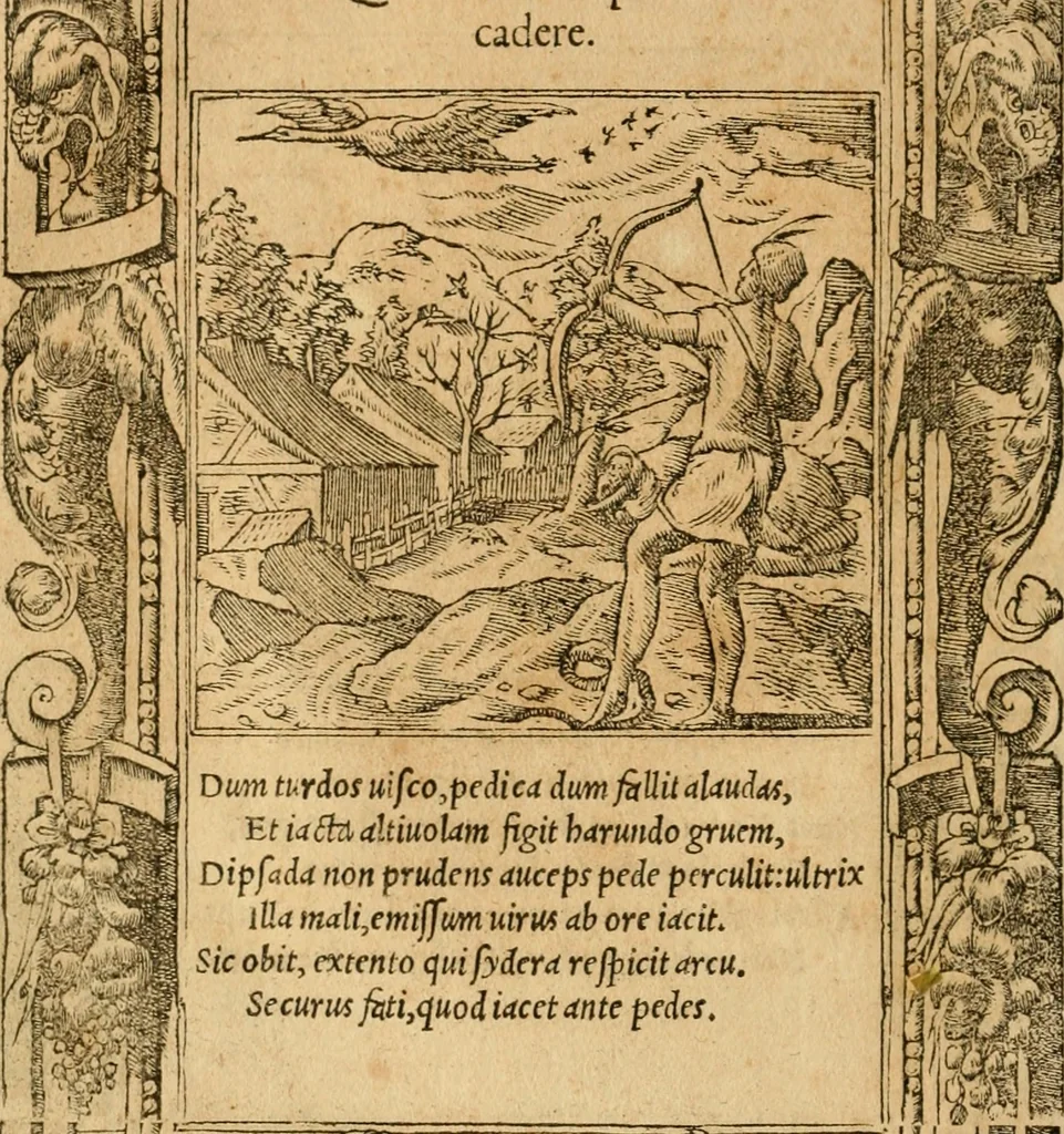 An illustration from Emblemata d'A. Alciati : denuo ab ipso autore recognita ac, quae desiderabantur, imaginibus locupletata : accesserunt noua aliquot ab autore emblemata, suis quoque eiconibus insignita, 1550, leaf 117