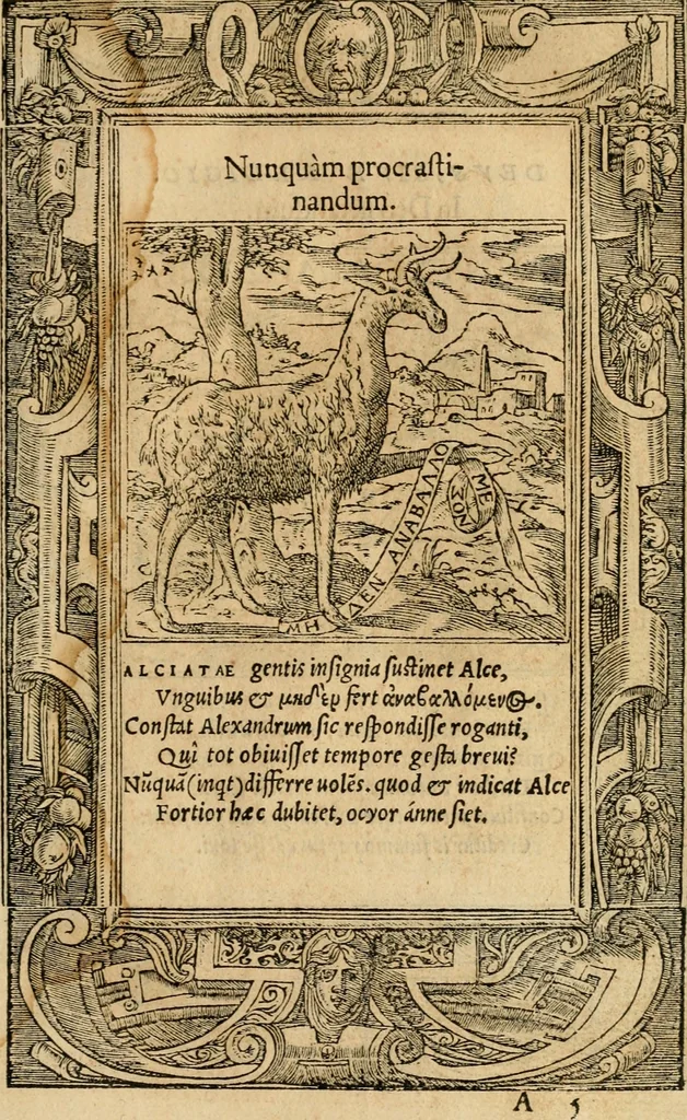 An illustration from Emblemata d'A. Alciati : denuo ab ipso autore recognita ac, quae desiderabantur, imaginibus locupletata : accesserunt noua aliquot ab autore emblemata, suis quoque eiconibus insignita, 1550, leaf 12