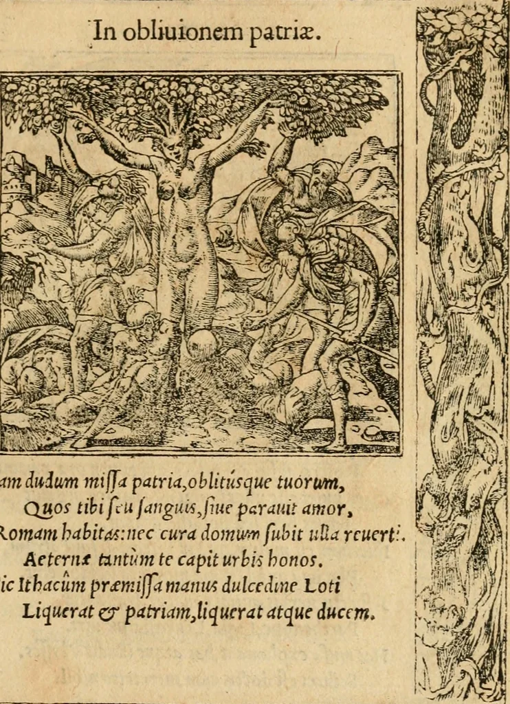 An illustration from Emblemata d'A. Alciati : denuo ab ipso autore recognita ac, quae desiderabantur, imaginibus locupletata : accesserunt noua aliquot ab autore emblemata, suis quoque eiconibus insignita, 1550, leaf 128