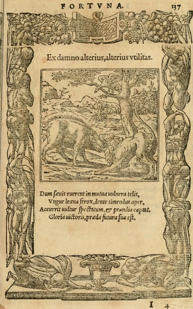 An illustration from Emblemata d'A. Alciati : denuo ab ipso autore recognita ac, quae desiderabantur, imaginibus locupletata : accesserunt noua aliquot ab autore emblemata, suis quoque eiconibus insignita, 1550, leaf 140