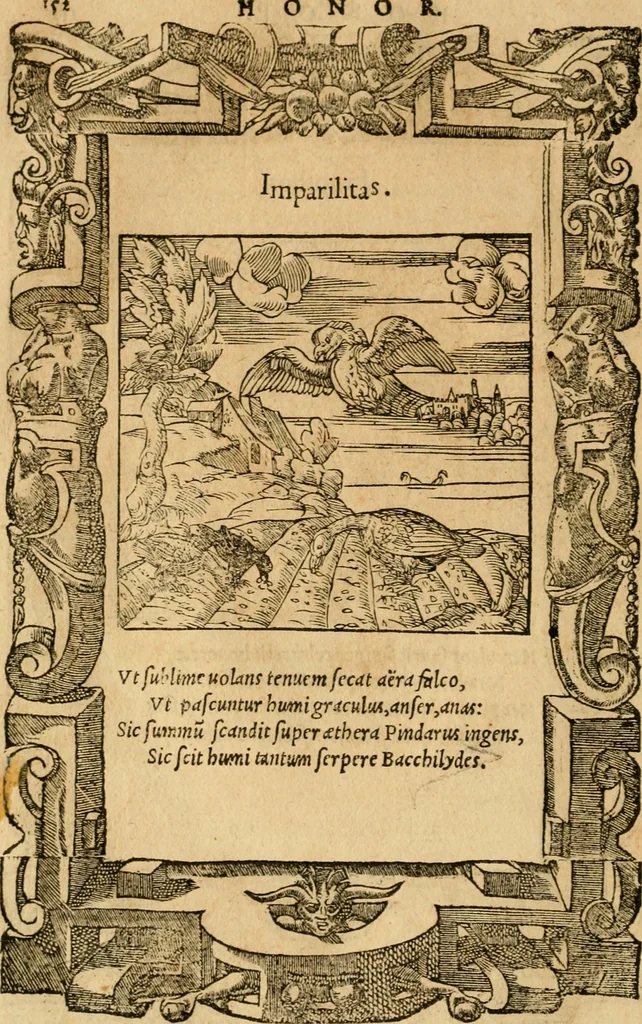 An illustration from Emblemata d'A. Alciati : denuo ab ipso autore recognita ac, quae desiderabantur, imaginibus locupletata : accesserunt noua aliquot ab autore emblemata, suis quoque eiconibus insignita, 1550, leaf 155