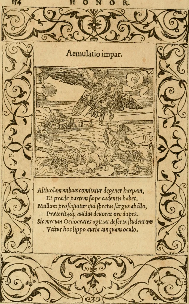 An illustration from Emblemata d'A. Alciati : denuo ab ipso autore recognita ac, quae desiderabantur, imaginibus locupletata : accesserunt noua aliquot ab autore emblemata, suis quoque eiconibus insignita, 1550, leaf 157