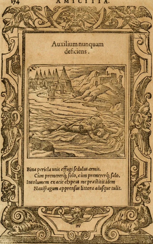 An illustration from Emblemata d'A. Alciati : denuo ab ipso autore recognita ac, quae desiderabantur, imaginibus locupletata : accesserunt noua aliquot ab autore emblemata, suis quoque eiconibus insignita, 1550, leaf 177