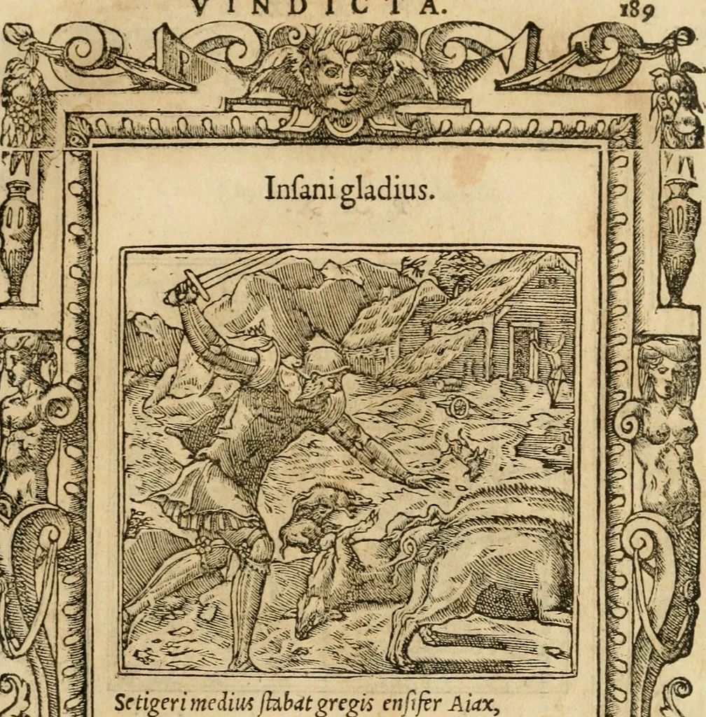 An illustration from Emblemata d'A. Alciati : denuo ab ipso autore recognita ac, quae desiderabantur, imaginibus locupletata : accesserunt noua aliquot ab autore emblemata, suis quoque eiconibus insignita, 1550, leaf 194