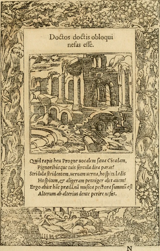 An illustration from Emblemata d'A. Alciati : denuo ab ipso autore recognita ac, quae desiderabantur, imaginibus locupletata : accesserunt noua aliquot ab autore emblemata, suis quoque eiconibus insignita, 1550, leaf 196