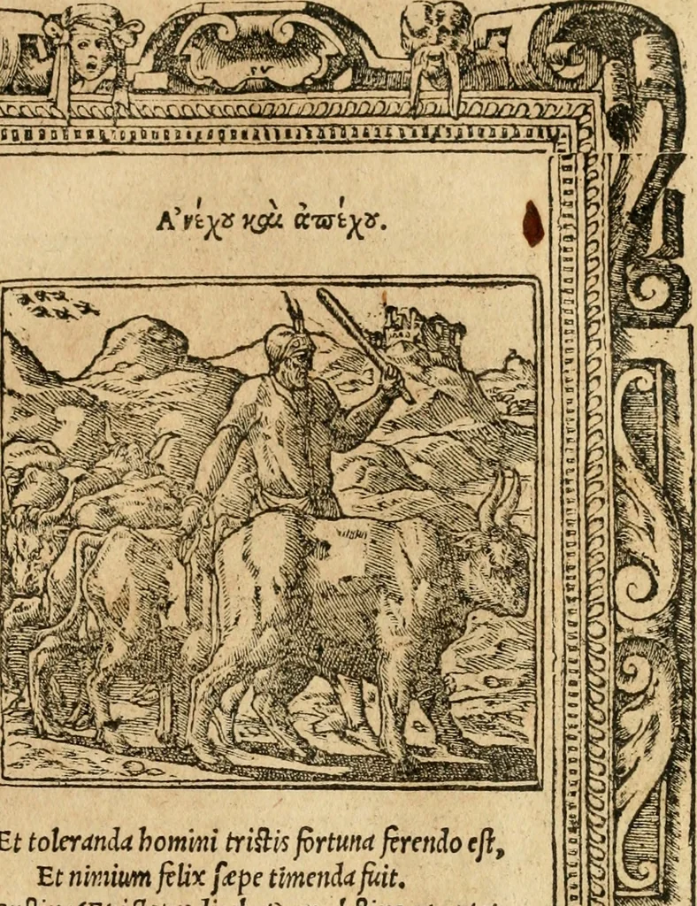 An illustration from Emblemata d'A. Alciati : denuo ab ipso autore recognita ac, quae desiderabantur, imaginibus locupletata : accesserunt noua aliquot ab autore emblemata, suis quoque eiconibus insignita, 1550, leaf 44