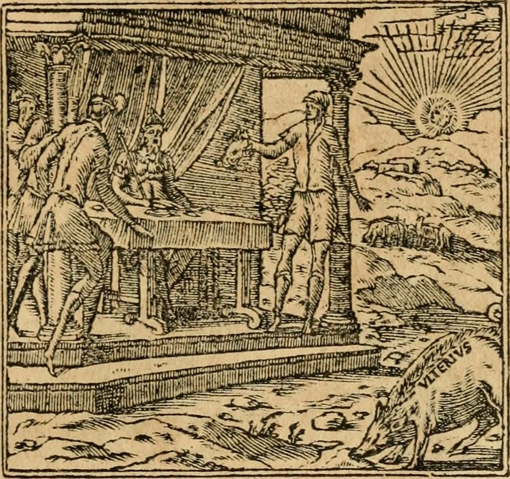 An illustration from Emblemata d'A. Alciati : denuo ab ipso autore recognita ac, quae desiderabantur, imaginibus locupletata : accesserunt noua aliquot ab autore emblemata, suis quoque eiconibus insignita, 1550, leaf 56