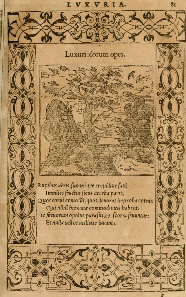 An illustration from Emblemata d'A. Alciati : denuo ab ipso autore recognita ac, quae desiderabantur, imaginibus locupletata : accesserunt noua aliquot ab autore emblemata, suis quoque eiconibus insignita, 1550, leaf 84