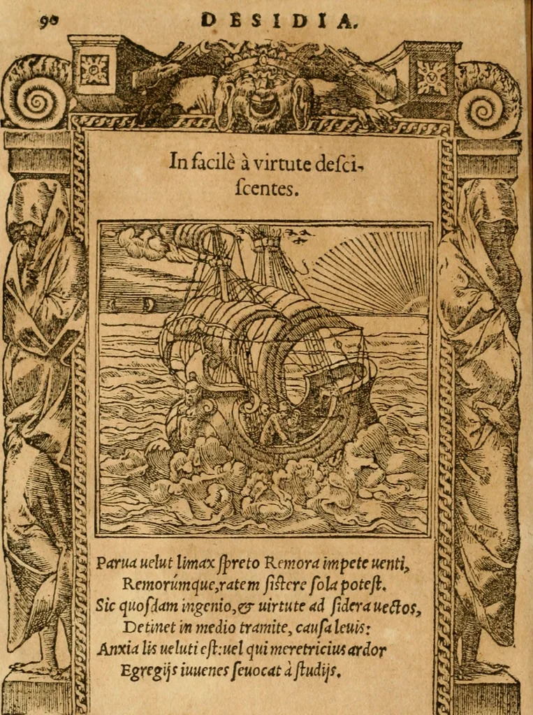 An illustration from Emblemata d'A. Alciati : denuo ab ipso autore recognita ac, quae desiderabantur, imaginibus locupletata : accesserunt noua aliquot ab autore emblemata, suis quoque eiconibus insignita, 1550, leaf 93