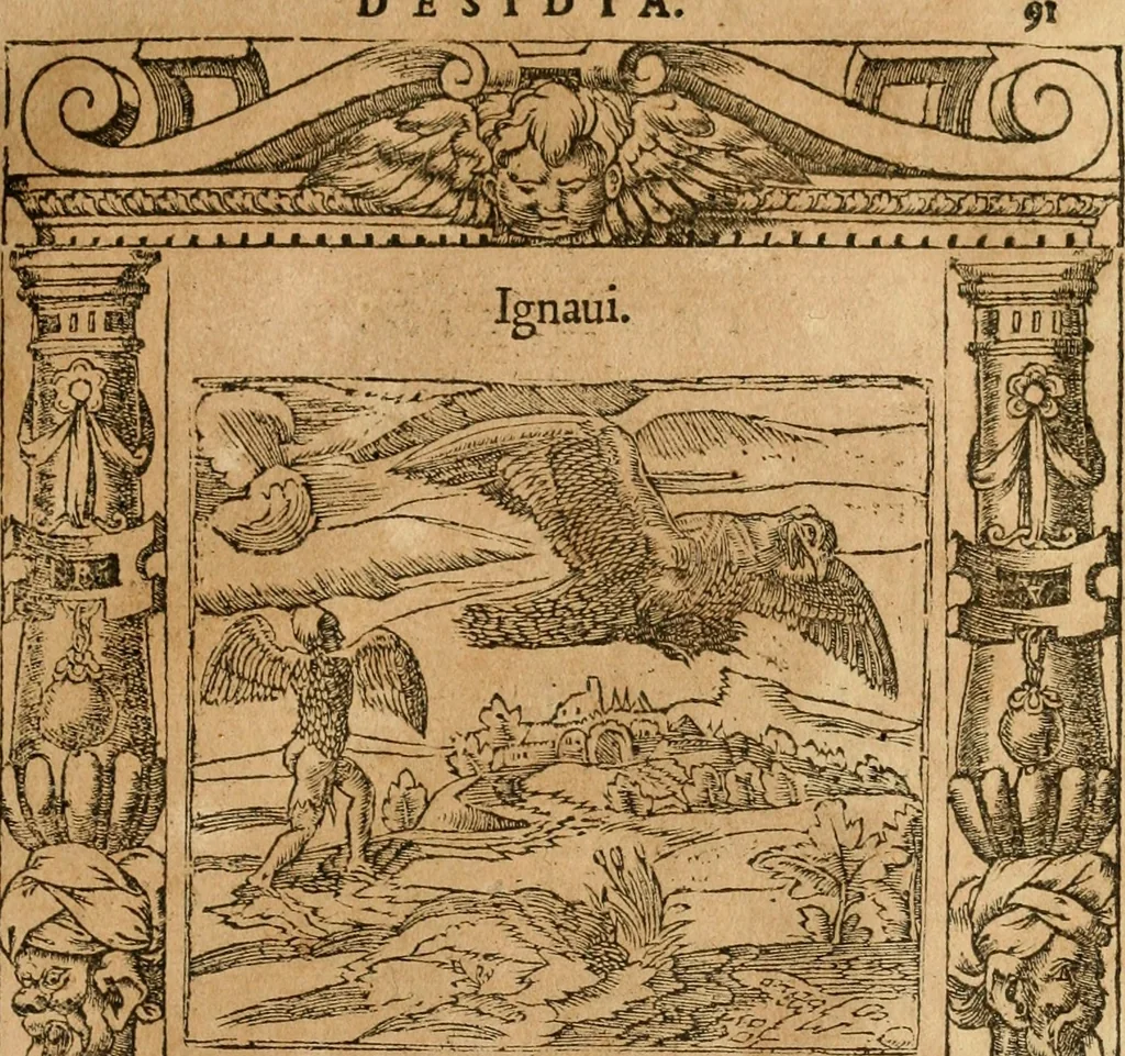 An illustration from Emblemata d'A. Alciati : denuo ab ipso autore recognita ac, quae desiderabantur, imaginibus locupletata : accesserunt noua aliquot ab autore emblemata, suis quoque eiconibus insignita, 1550, leaf 94