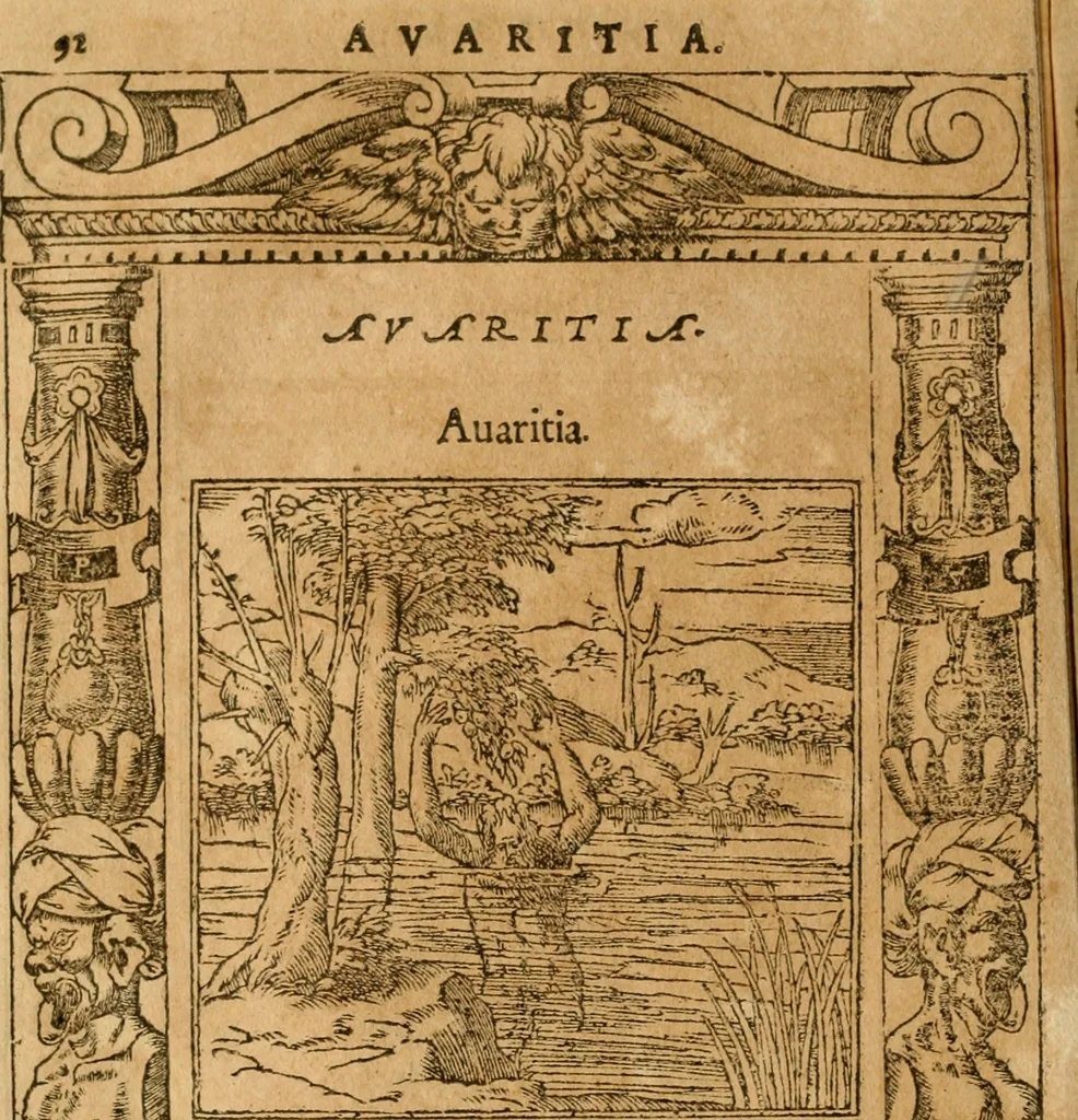 An illustration from Emblemata d'A. Alciati : denuo ab ipso autore recognita ac, quae desiderabantur, imaginibus locupletata : accesserunt noua aliquot ab autore emblemata, suis quoque eiconibus insignita, 1550, leaf 95