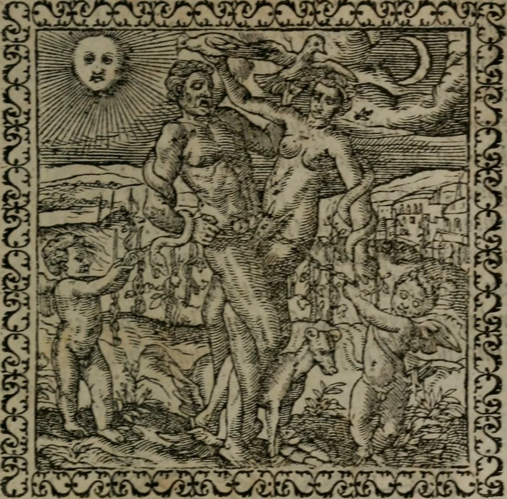 An illustration from Emblemata : et aliquot nummi antiqui operis, 1566, leaf 110