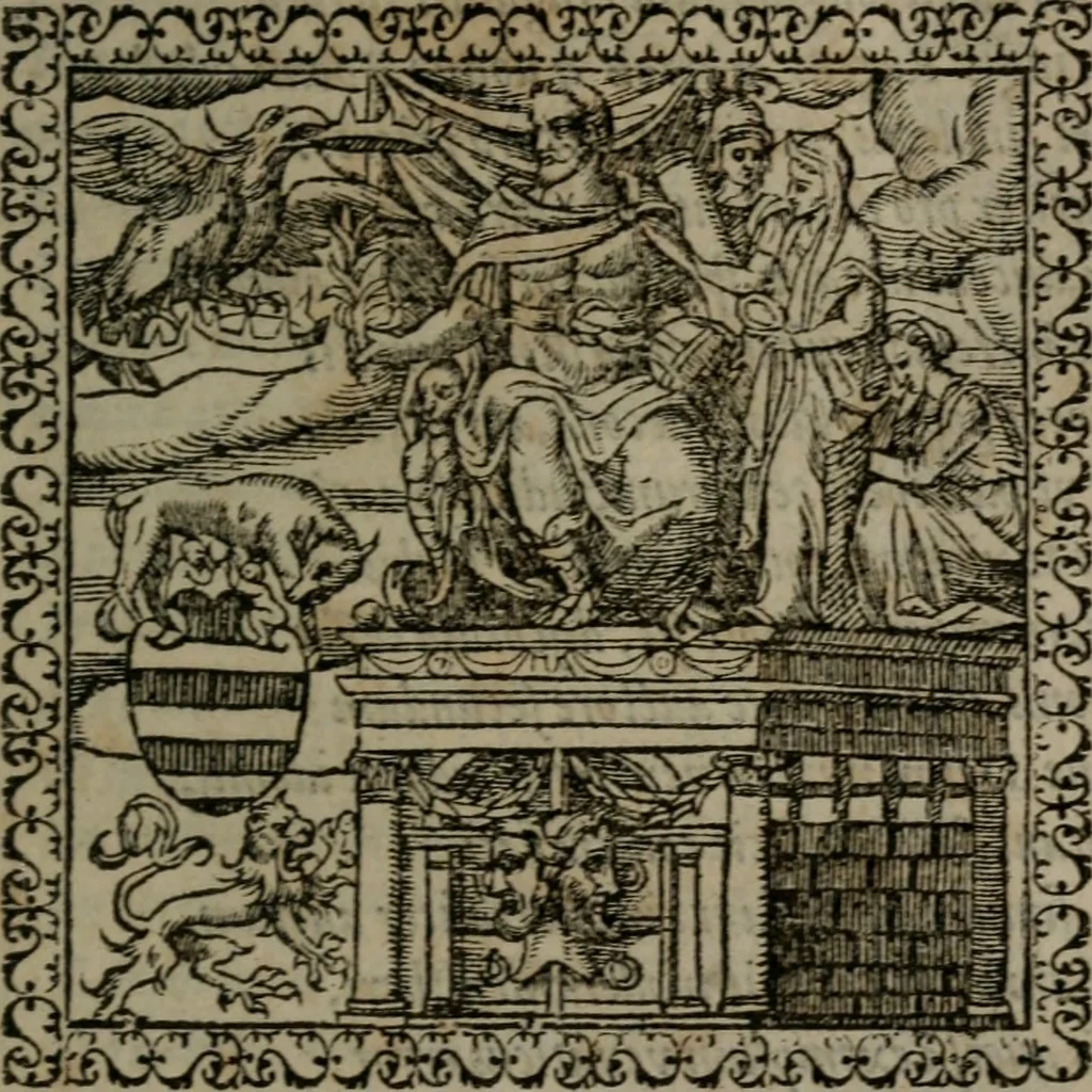 An illustration from Emblemata : et aliquot nummi antiqui operis, 1566, leaf 12