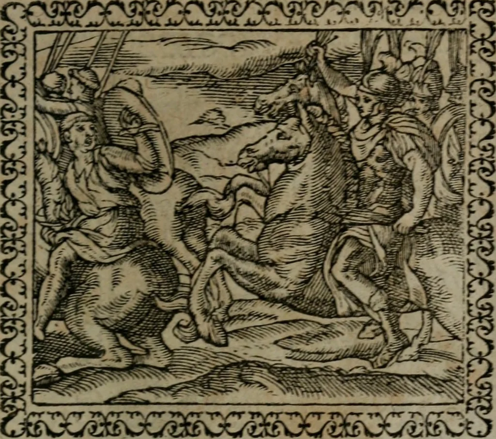 An illustration from Emblemata : et aliquot nummi antiqui operis, 1566, leaf 142