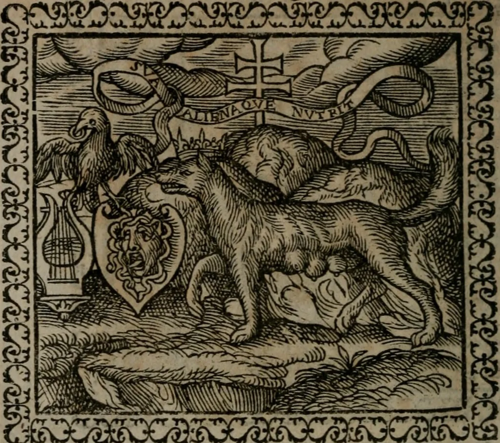 An illustration from Emblemata : et aliquot nummi antiqui operis, 1566, leaf 145