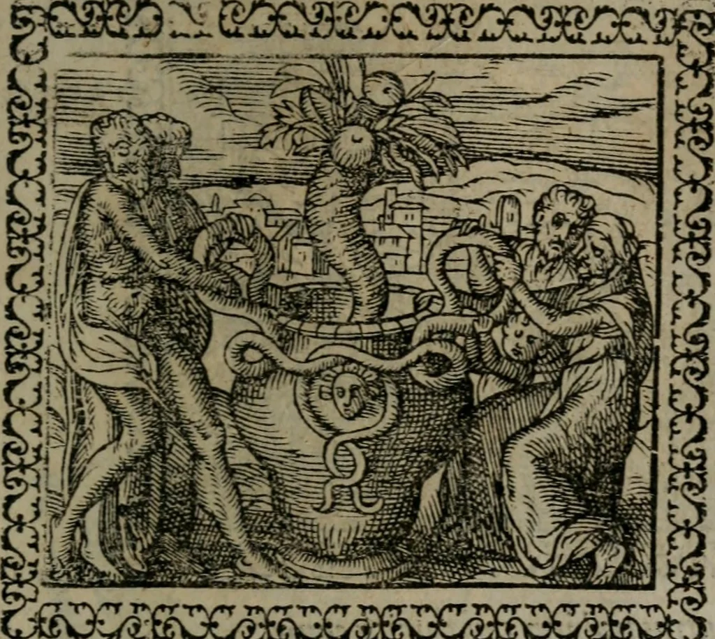 An illustration from Emblemata : et aliquot nummi antiqui operis, 1566, leaf 152