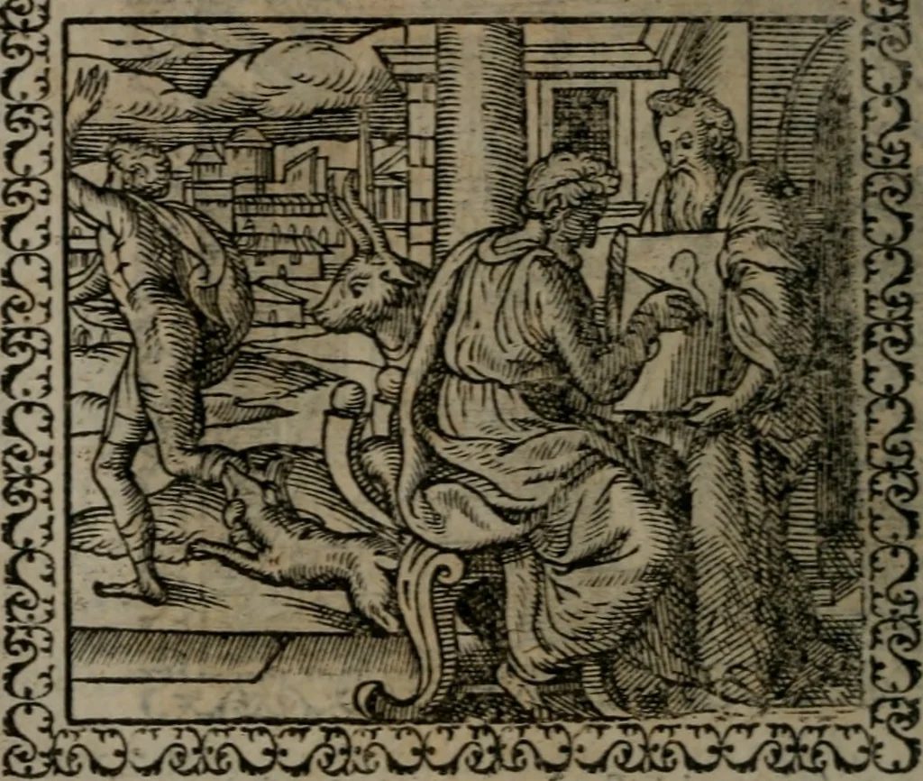 An illustration from Emblemata : et aliquot nummi antiqui operis, 1566, leaf 157